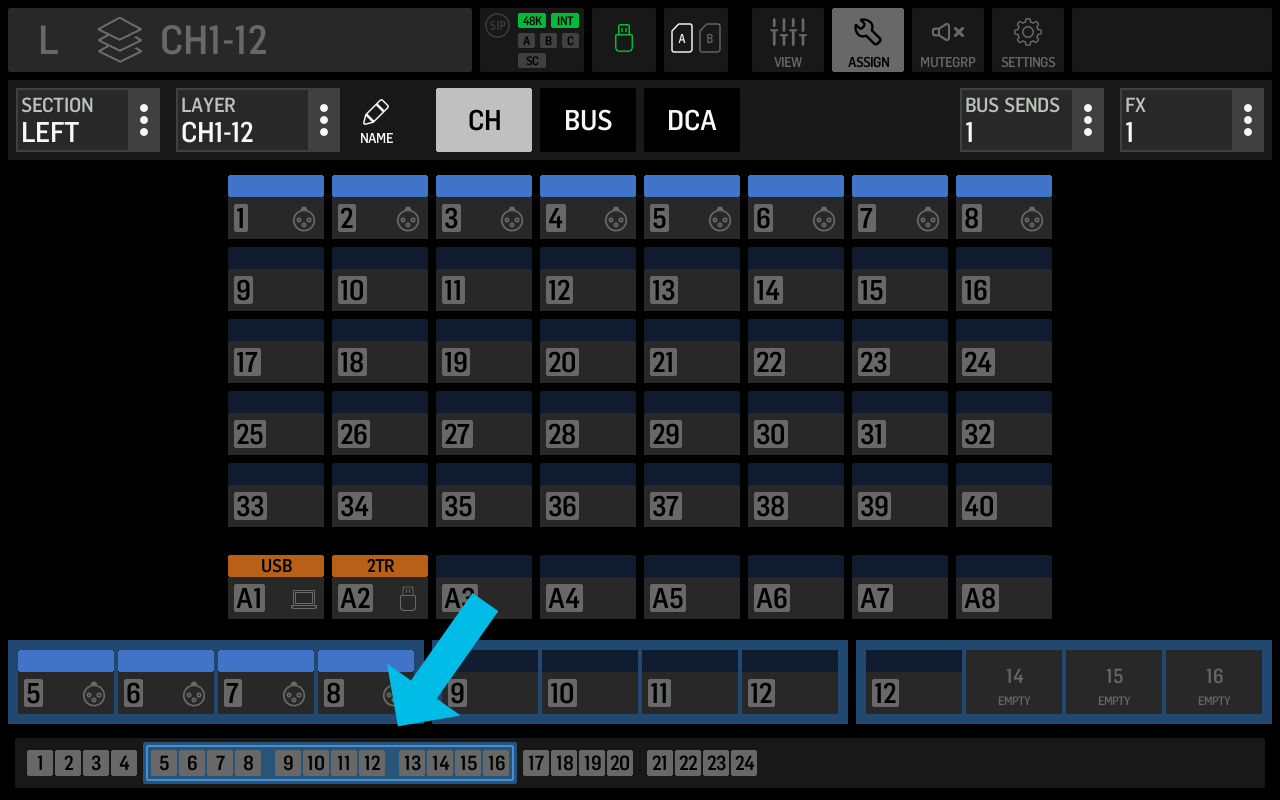 Fader assign screen with faders five through 16 selected