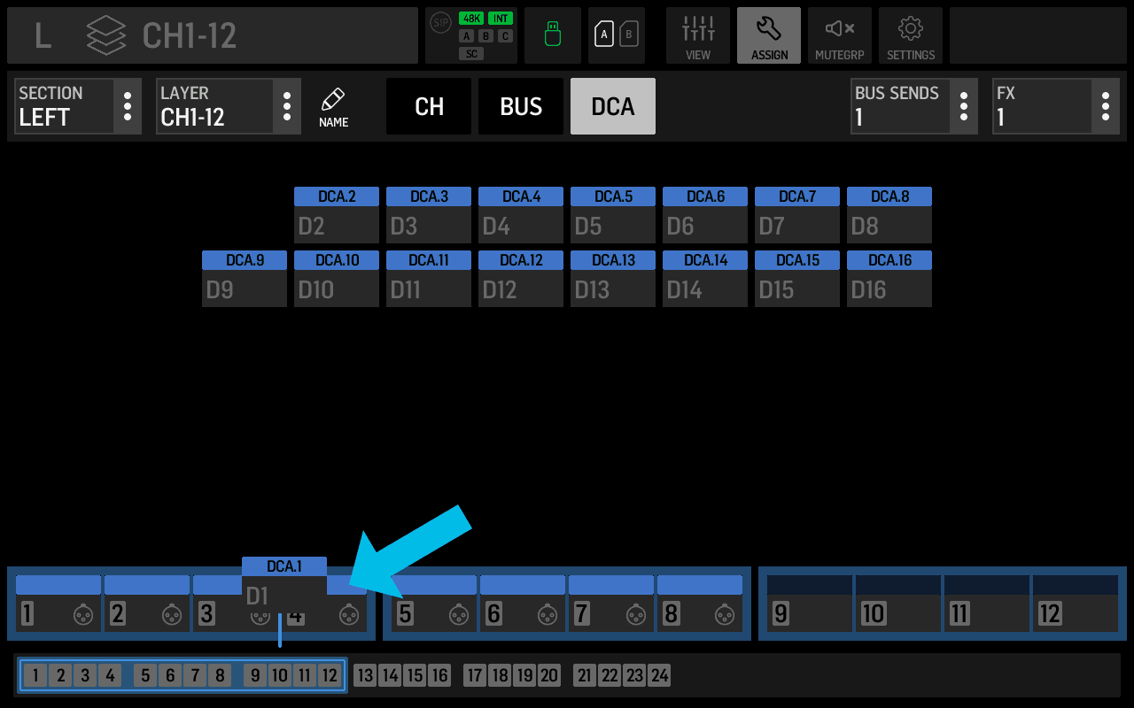 Fader assign screen with a channel being inserted